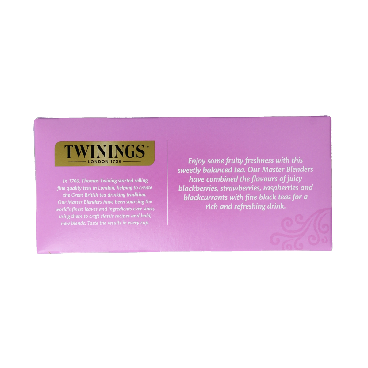 Twinings Wildberry tea bags in a box, showcasing the colorful packaging and multiple tea sachets inside.