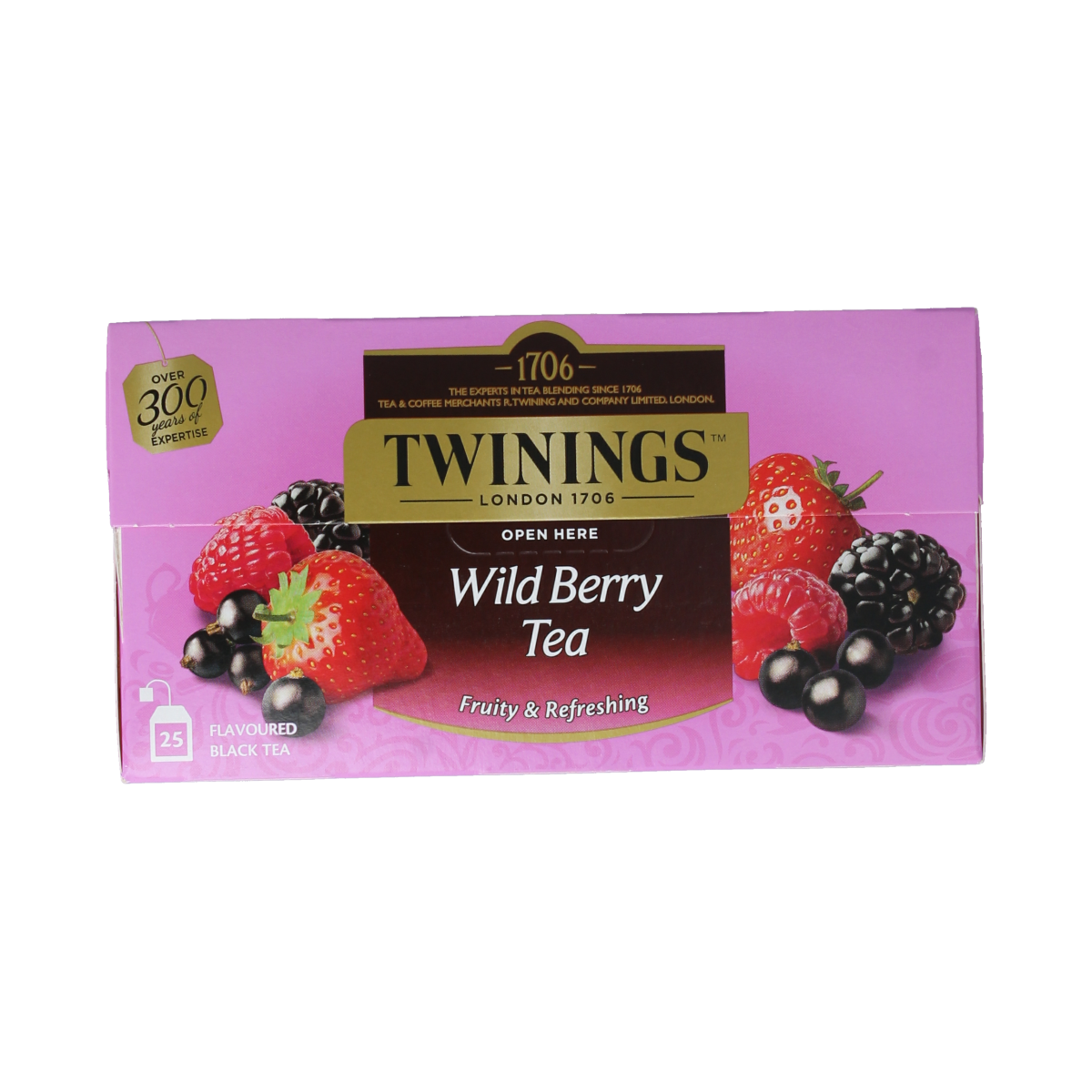 Twinings Wildberry tea bags, 25-count, with colorful tea sachets and packaging, ideal for a fruity, aromatic tea experience