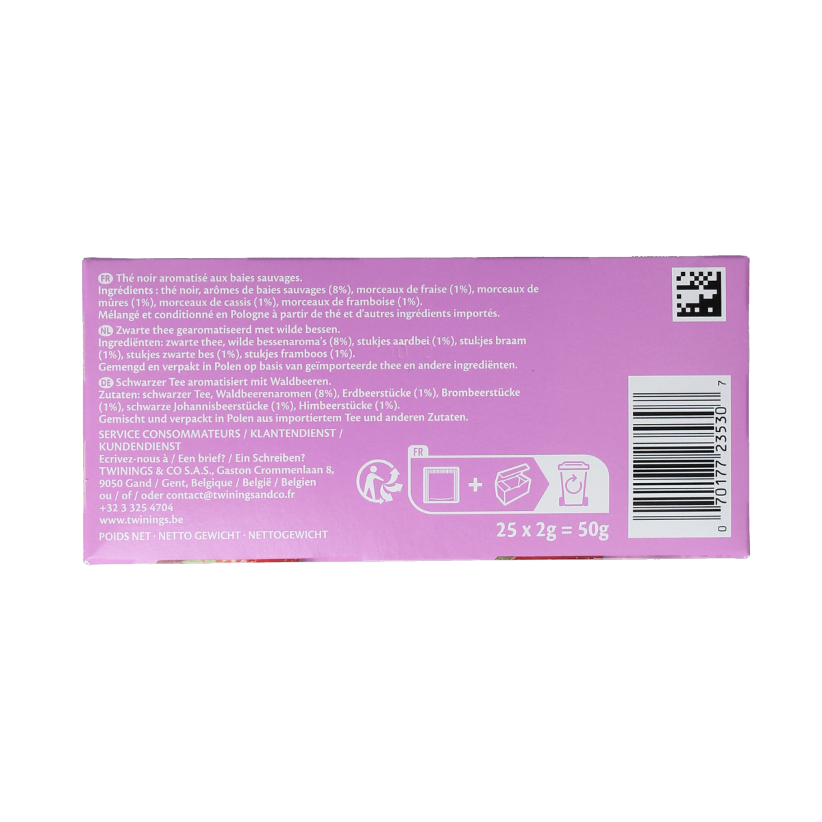 Twinings Wildberry tea bags, a box of 25, with colorful packaging showcasing fresh berries and tea leaves.