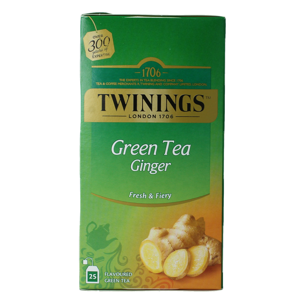 Twinings Vert Gingembre tea bags, 25 count, with fresh ginger flavor in a box suitable for hot infusions.