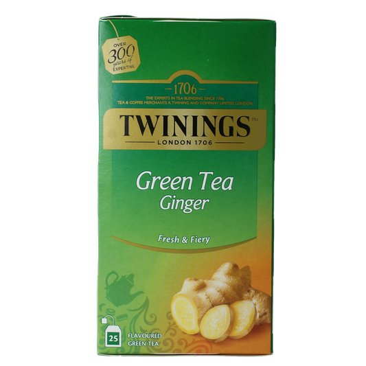 Twinings Vert Gingembre tea bags, 25 count, with fresh ginger flavor in a box suitable for hot infusions.