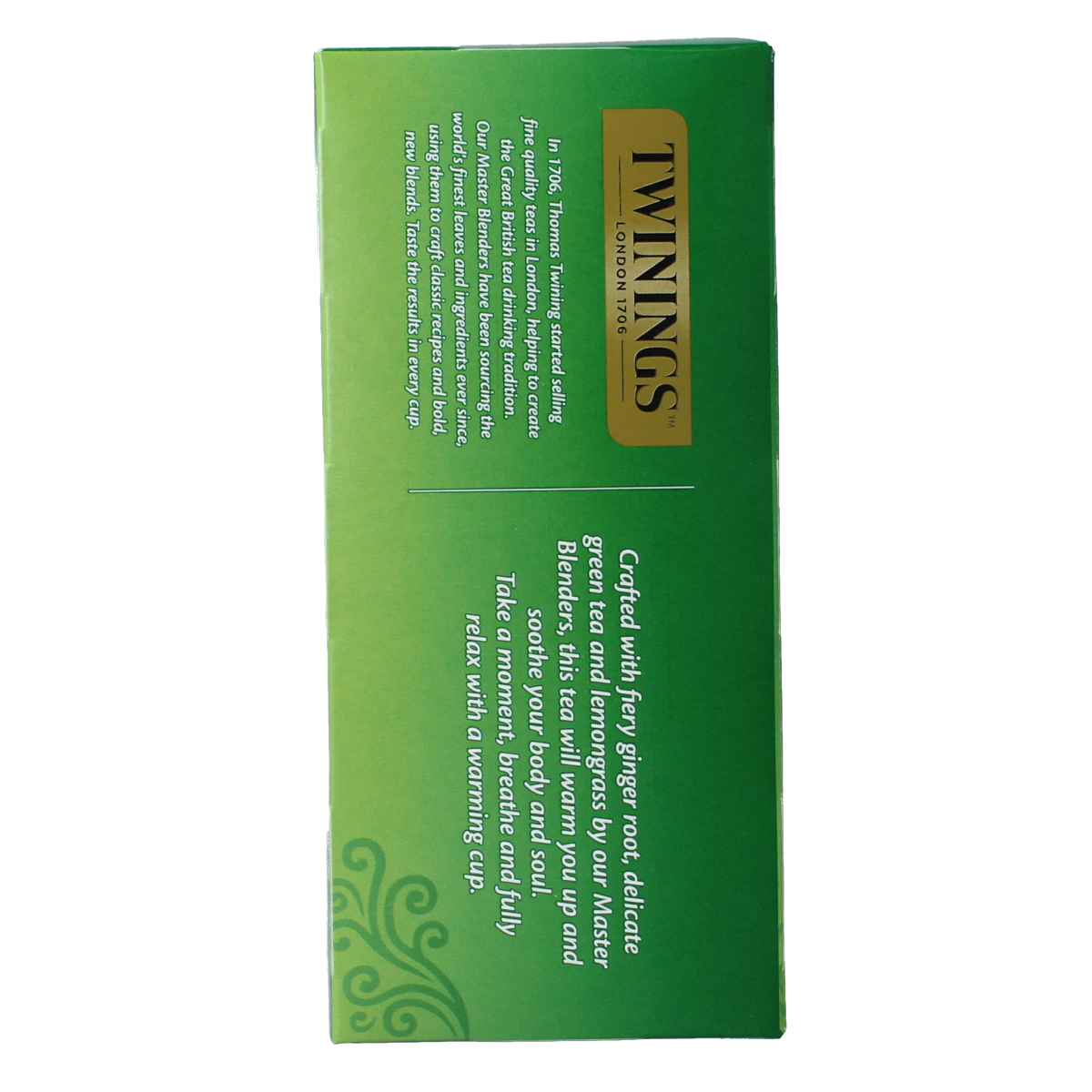 Twinings Vert Gingembre herbal tea bags in a box, featuring ginger flavor, for soothing hot beverages.