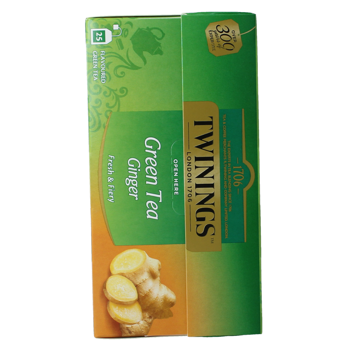 Twinings Vert Gingembre tea sachets, 25-pack, herbal tea with ginger flavor, shown in a box with individual sachets.