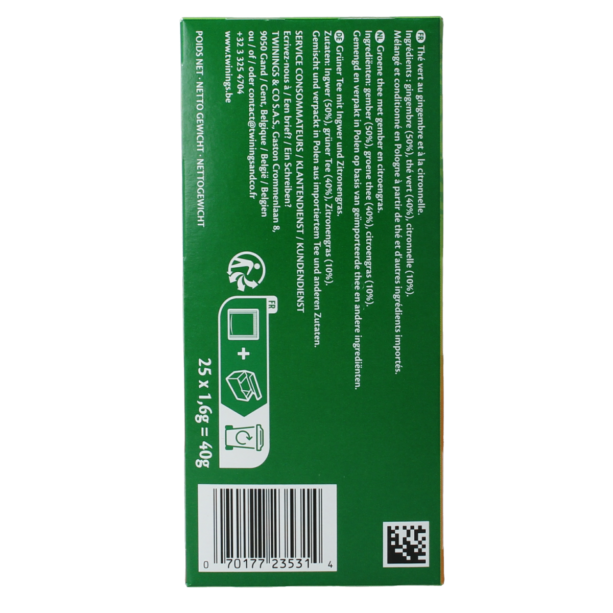 Twinings The Vert Gingembre tea bags, 25 count, featuring fresh ginger flavor, in a box of tea and coffee products.