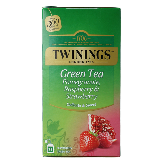 Twinings Vert Pomegranate Raspberry Strawberry tea bags, 25 count, in colorful packaging with tea infusers and fruit illustrations.