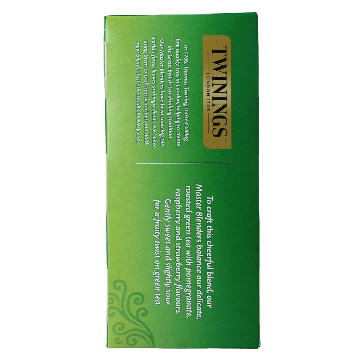 Twinings Vert Pomegranate Raspberry Strawberry tea bags in a box, showcasing colorful packaging for flavored tea.