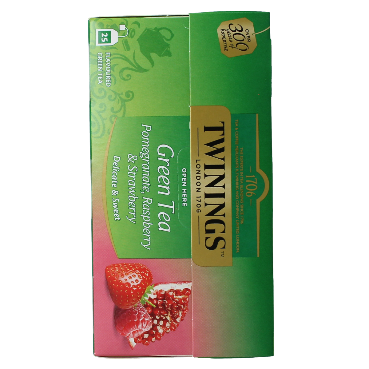 Twinings The Vert Pomegranate Raspberry Strawberry tea bags, 25 count, with colorful packaging and tea infuser images.
