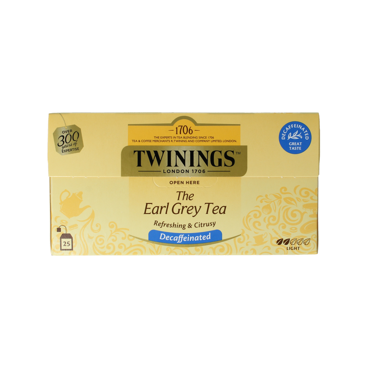 Decaf Earl Grey tea bags by Twinings, black envelope packaging, 25 tea sachets for brewing fragrant, high-quality black tea.