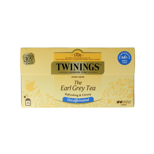 Decaf Earl Grey tea bags by Twinings, black envelope packaging, 25 tea sachets for brewing fragrant, high-quality black tea.