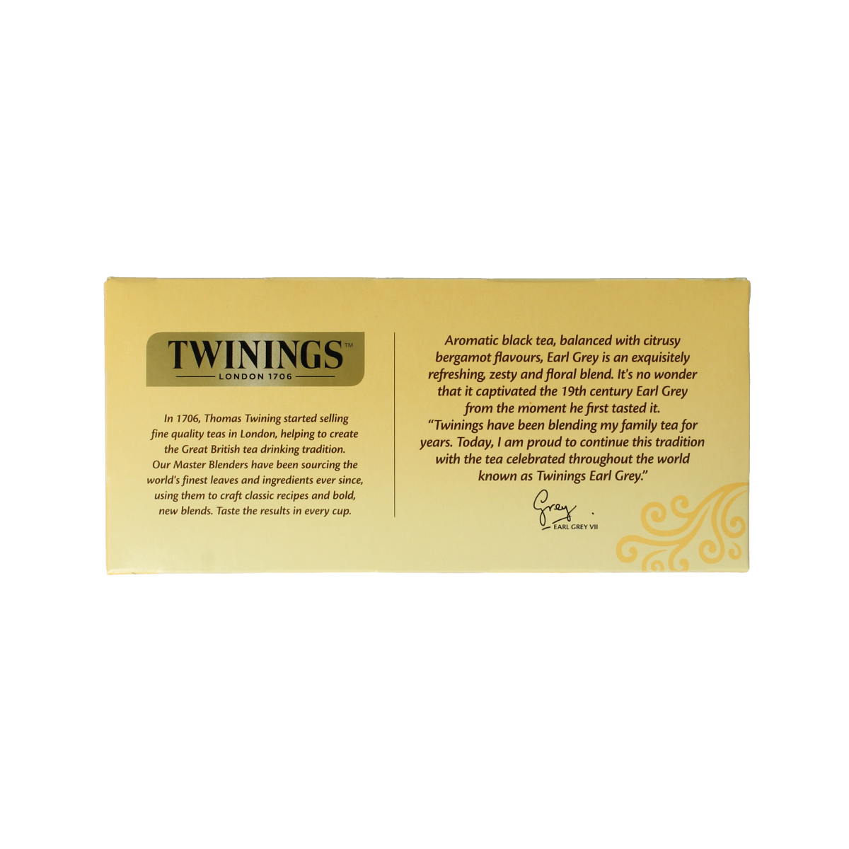 Twinings Earl Grey Decaf tea bags in a black envelope, 25 sachets, ideal for tea lovers seeking decaffeinated Earl Grey flavor.