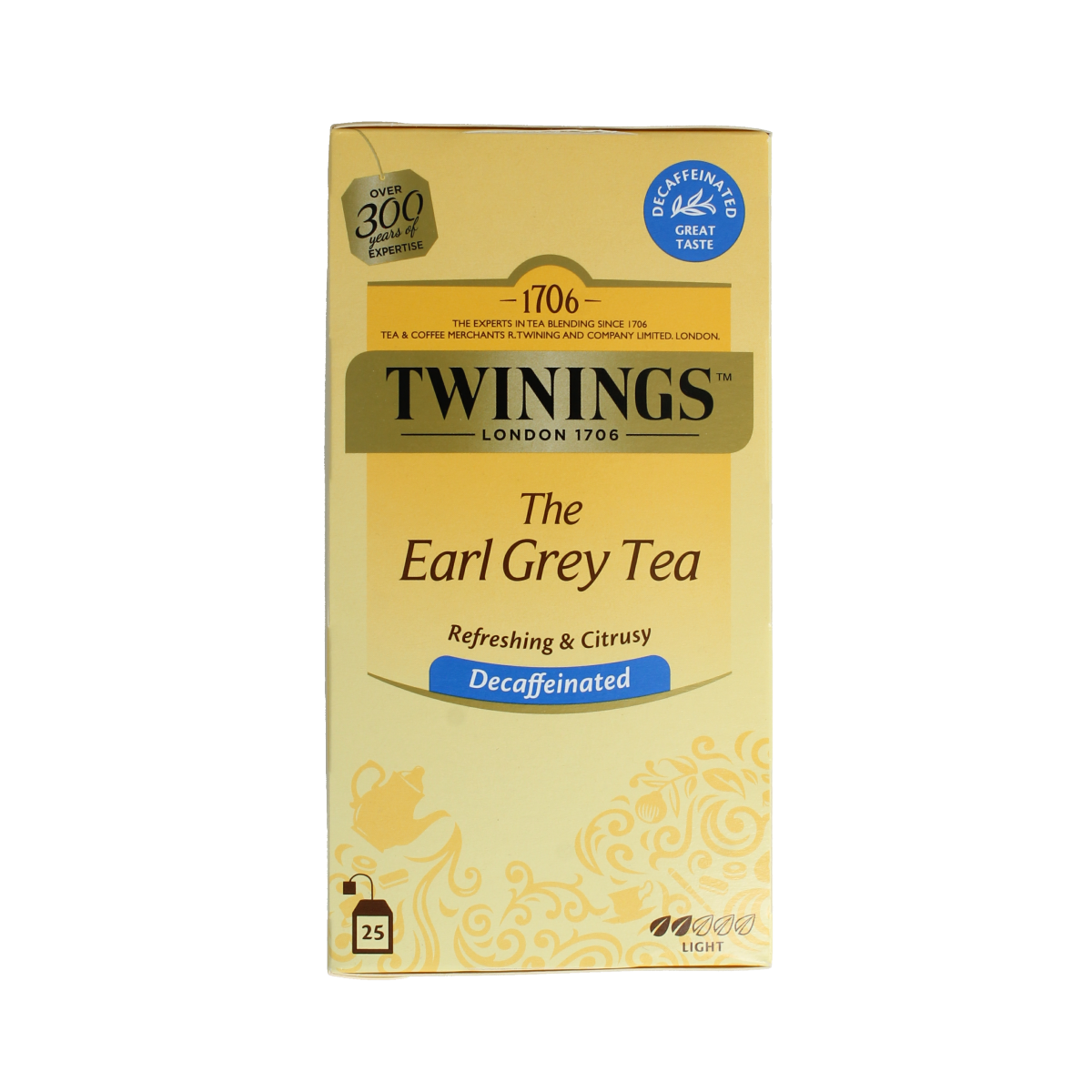 Twinings Earl Grey Decaf tea bags in black envelope packaging, 25 count, ideal for decaffeinated Earl Grey tea.