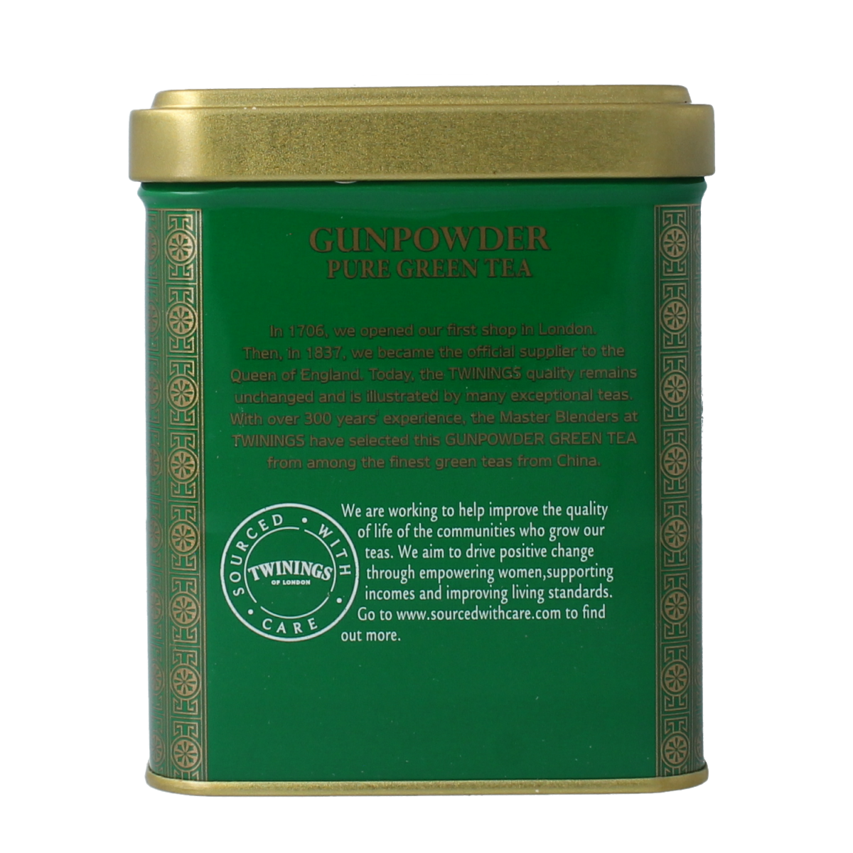Twinings Gunpowder Green Tea in a 200g metal tin, showcasing the natural tea leaves inside.