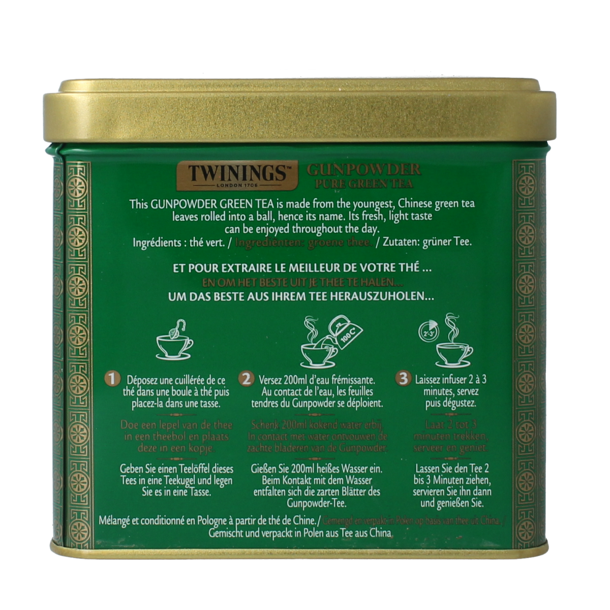 Twinings Gunpowder green tea in a 200g tin, natural loose leaf tea with rolled gunpowder leaves, on a white background.