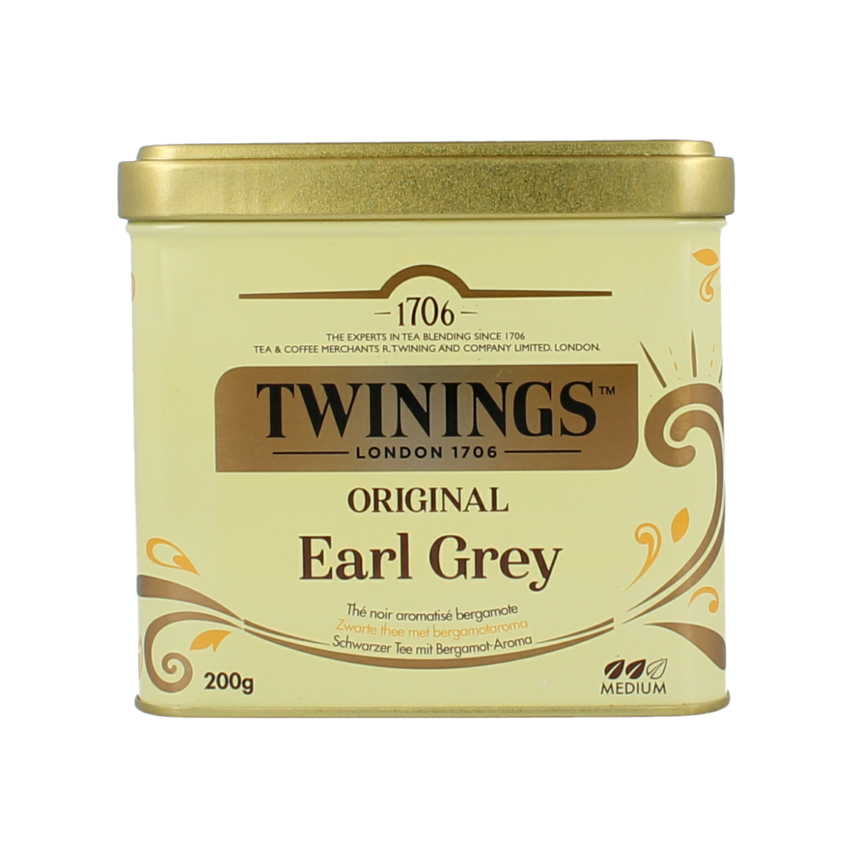 Twinings Earl Grey tea tin, 200g, featuring a classic design with the Twinings logo and a depiction of tea leaves.