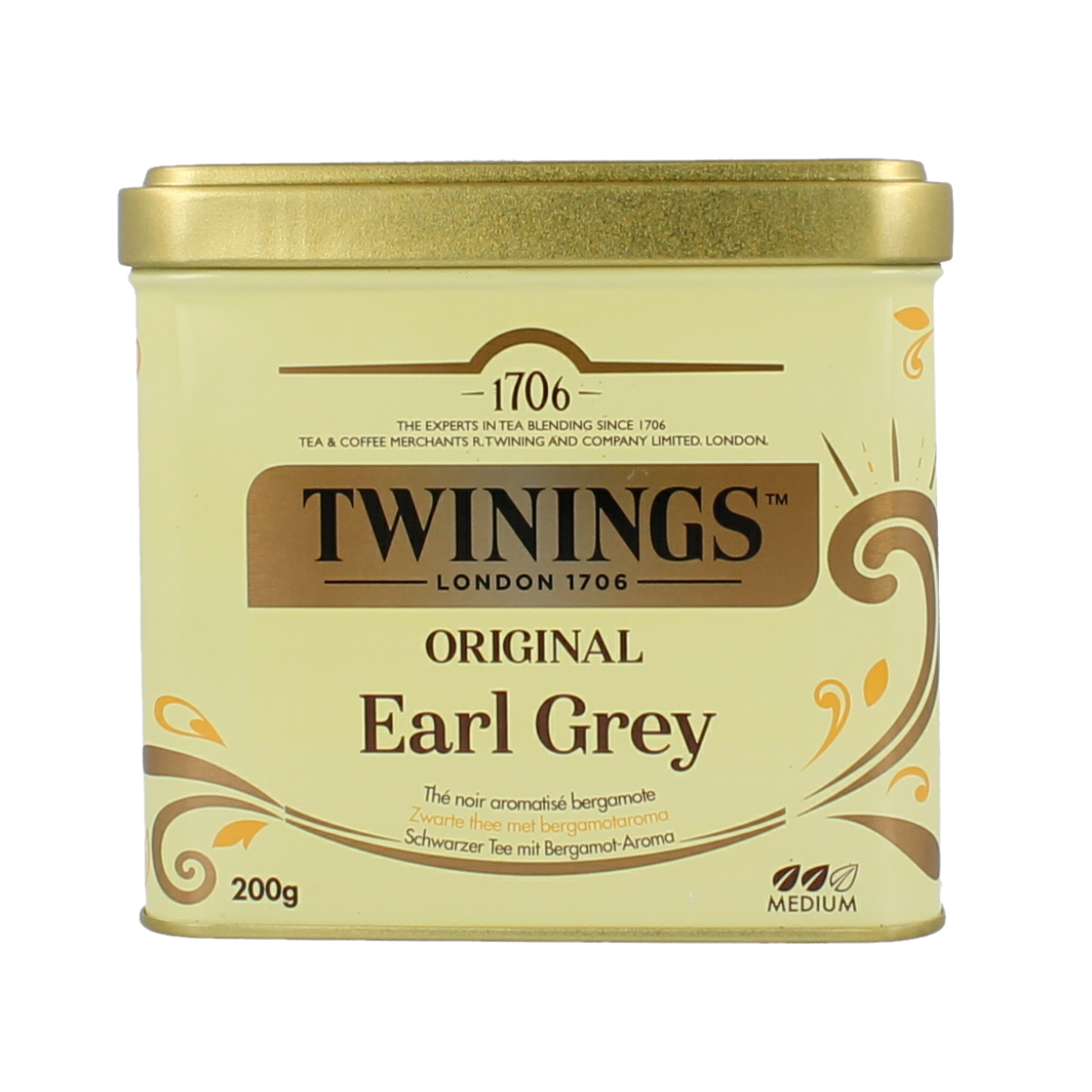 Twinings Earl Grey tea tin with 200g of loose tea leaves in a sleek metal container.