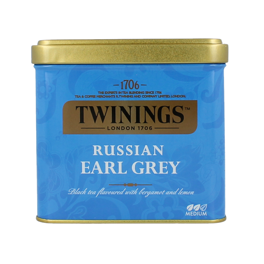 Twinings Earl Grey Russian tea in 150g package, showcasing the classic tea blend with tea leaves and packaging design.