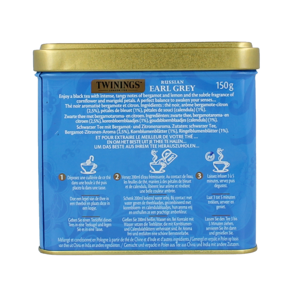 Twinings Earl Grey Russian tea in 150g package, showcasing the tea box with branding and a steaming cup of brewed Earl Grey tea.