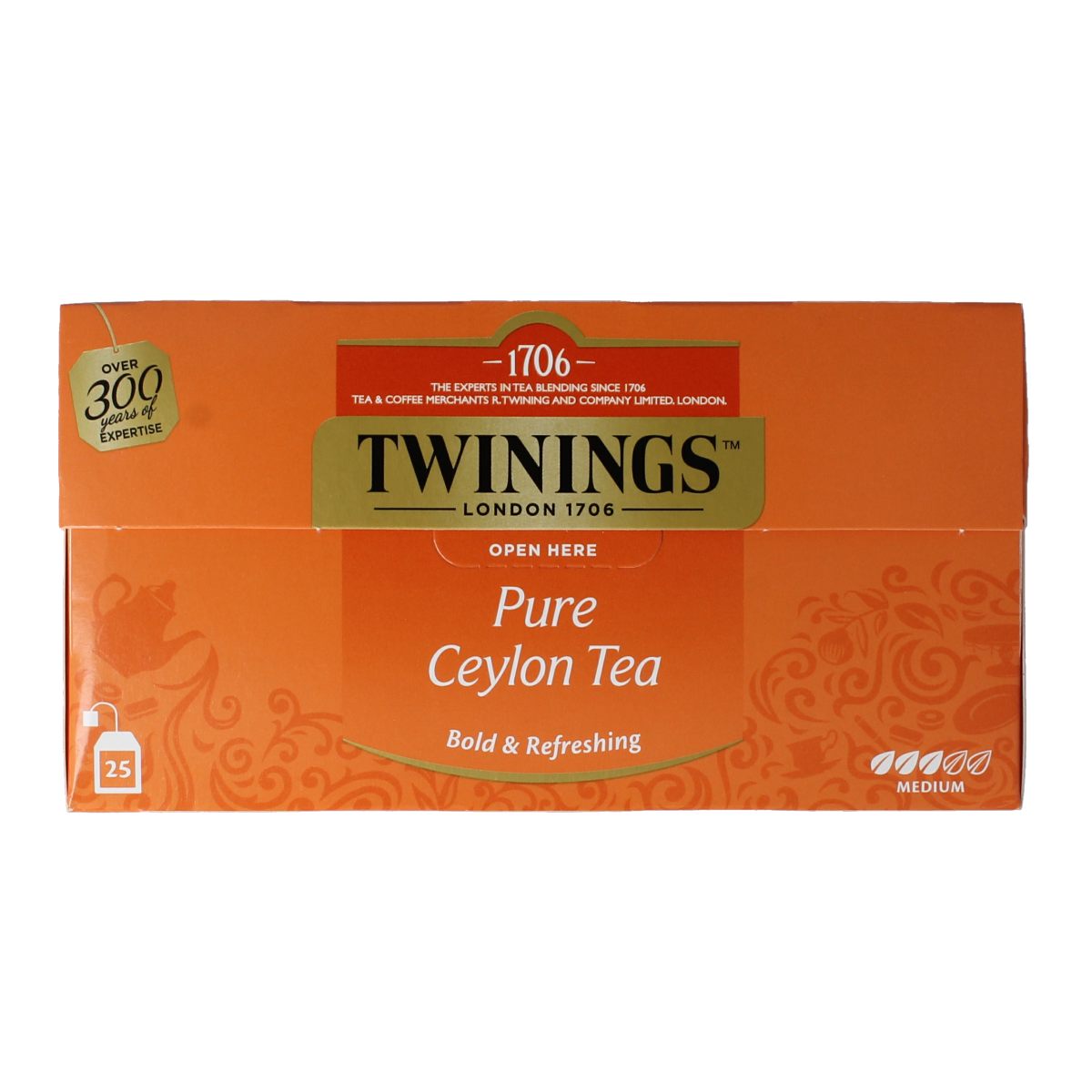 Twinings Pure Ceylon Tea box with 25 tea bags, showcasing the packaging and Twinings branding for tea enthusiasts.