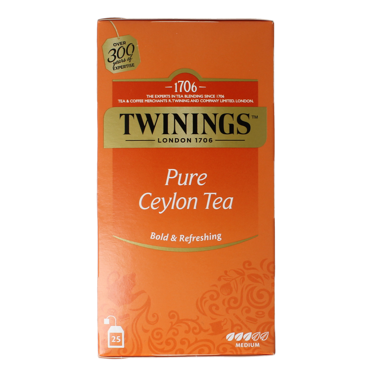 Twinings Pure Ceylon tea boxes with 25 tea bags each, showing the packaging and tea branding.