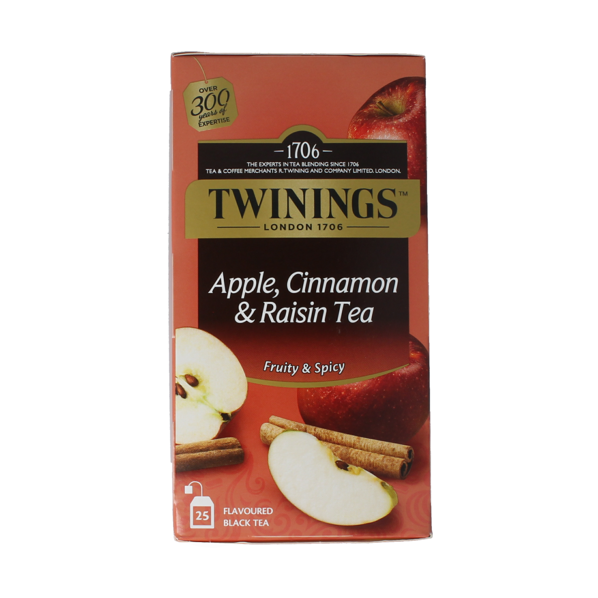 Twinings Apple Cinnamon Raisin tea bags in a box, showcasing the packaging for this flavored tea product.