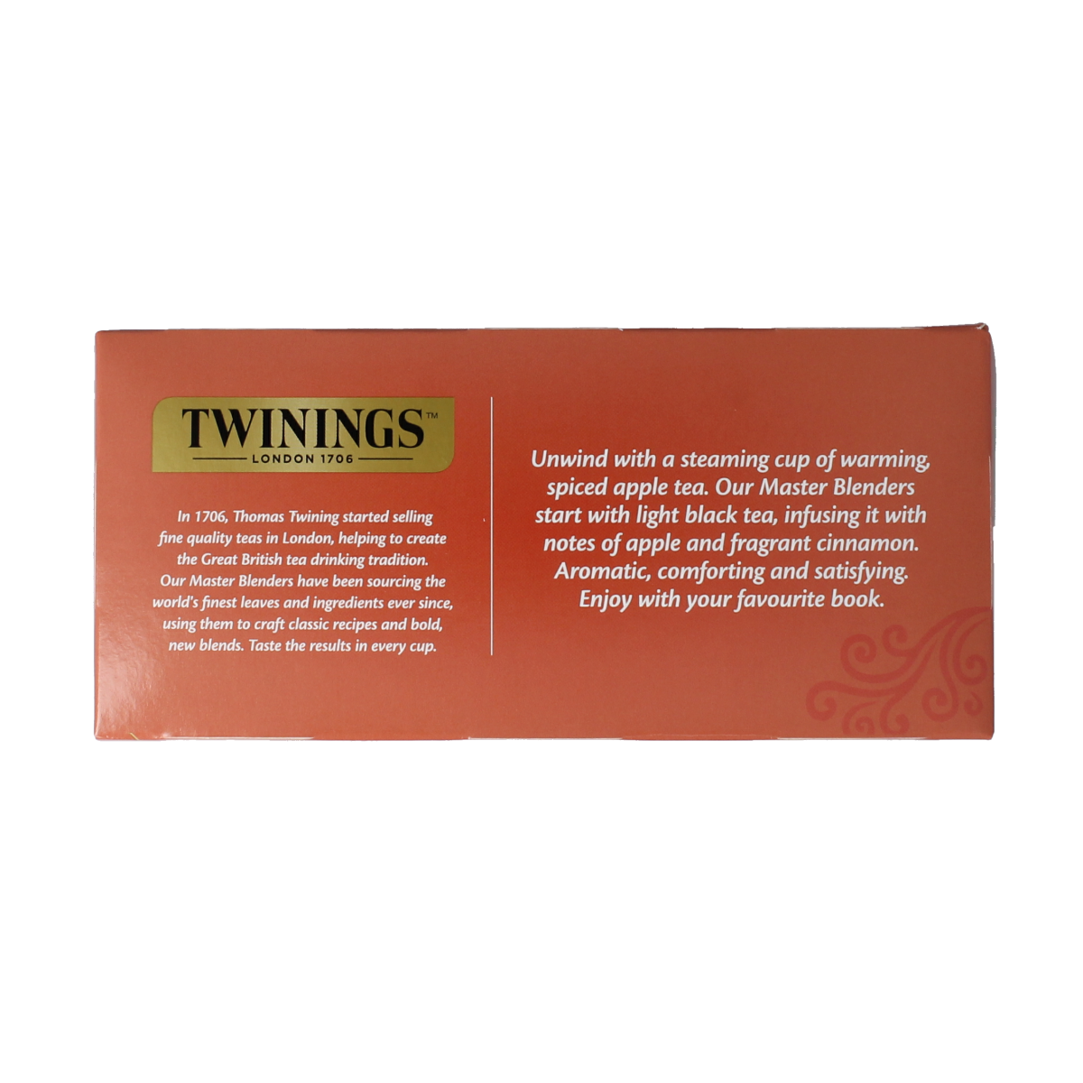 Twinings Apple Cinnamon Raisin tea bags in a box, featuring colorful packaging with images of apples, cinnamon sticks, and raisins.