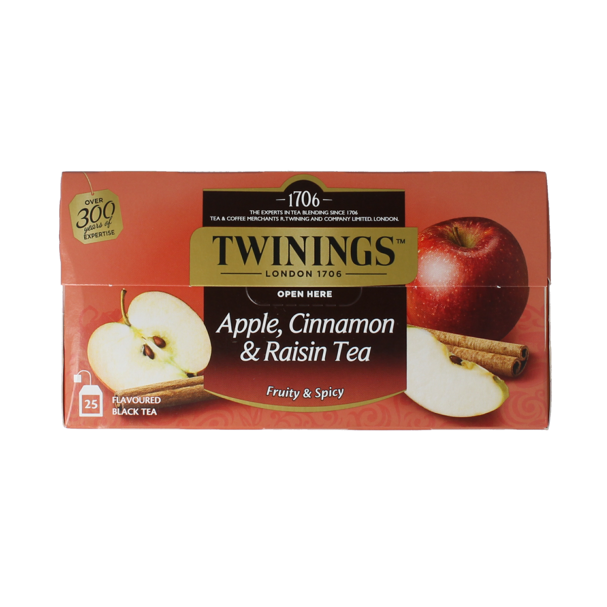 Twinings Apple Cinnamon Raisin tea bags, 25-count, showing individually wrapped tea sachets in a box.