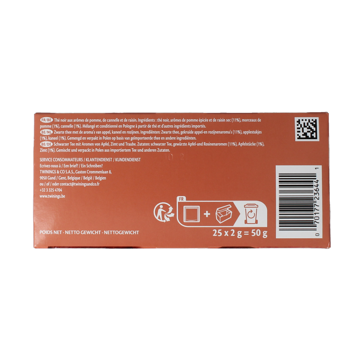 Twinings Apple Cinnamon Raisin tea bags box, featuring 25 tea sachets with apple, cinnamon, and raisin flavor.