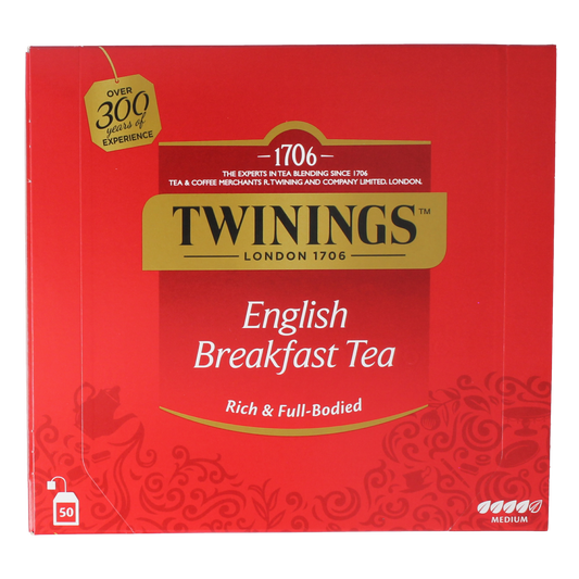 Twinings English Breakfast tea envelopes, 50-pack, with individually wrapped tea bags in a box.