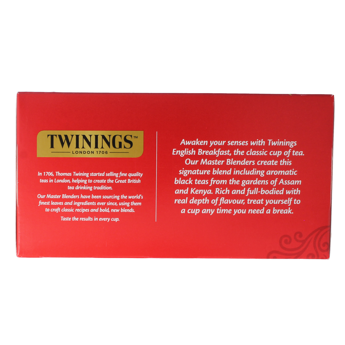 Twinings English Breakfast tea envelopes, 50-pack, featuring individually wrapped tea bags in a box.