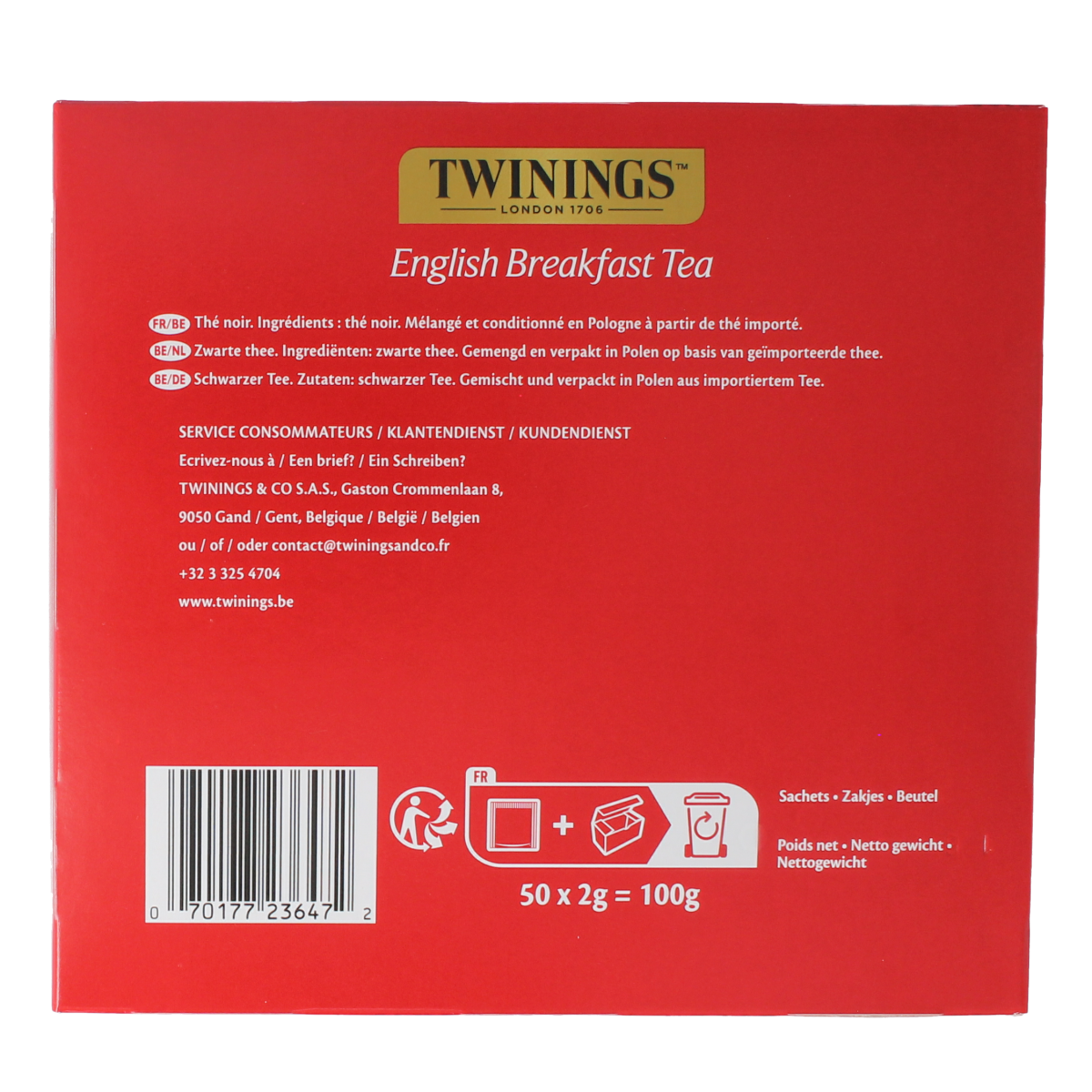 Twinings English Breakfast tea envelopes, 50-pack, with individually wrapped tea bags in a clear box.