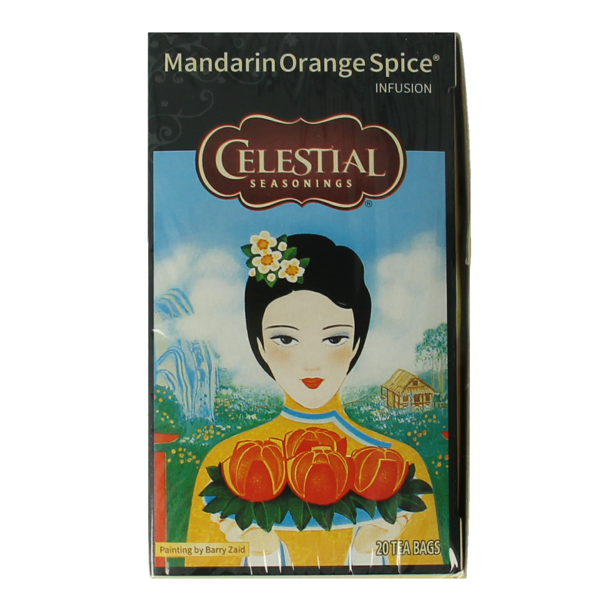 Celestial Season mandarin orange spice herbal tea in a box, featuring vibrant citrus and spice flavors, 20 tea bags.