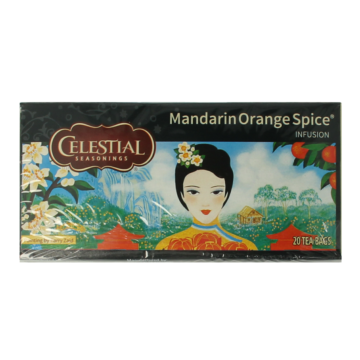 Celestial Seasonings Mandarin Orange Spice herbal tea bags, 20 count, featuring vibrant tea packaging with citrus and spice imagery.