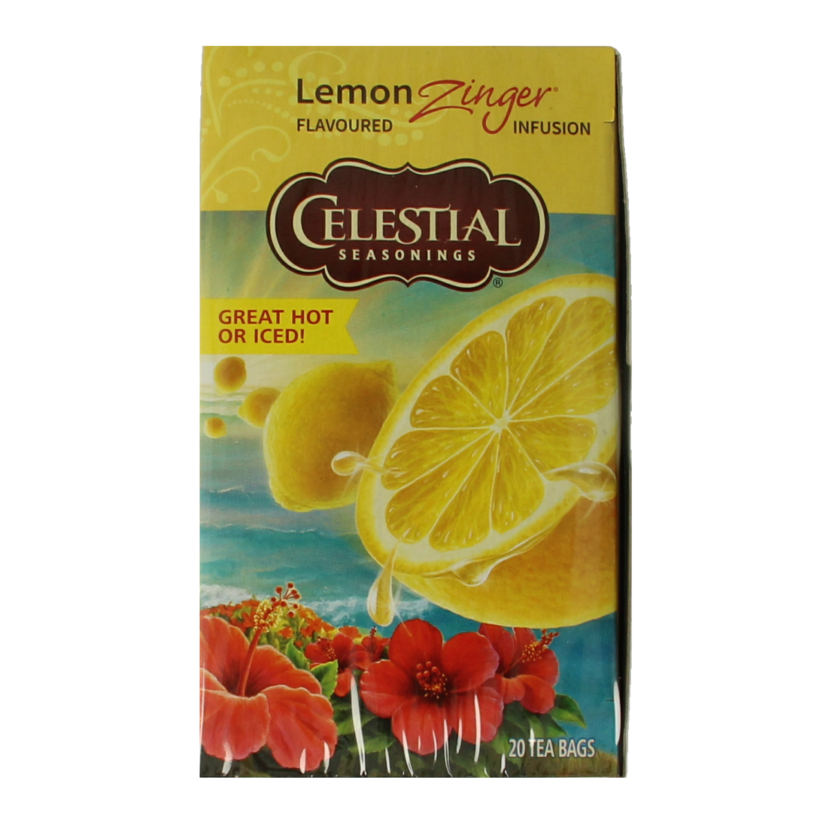 Celestial Season Lemon Zinger herbal tea bags, bright lemon and herbal blend, in a box of 20 tea sachets.