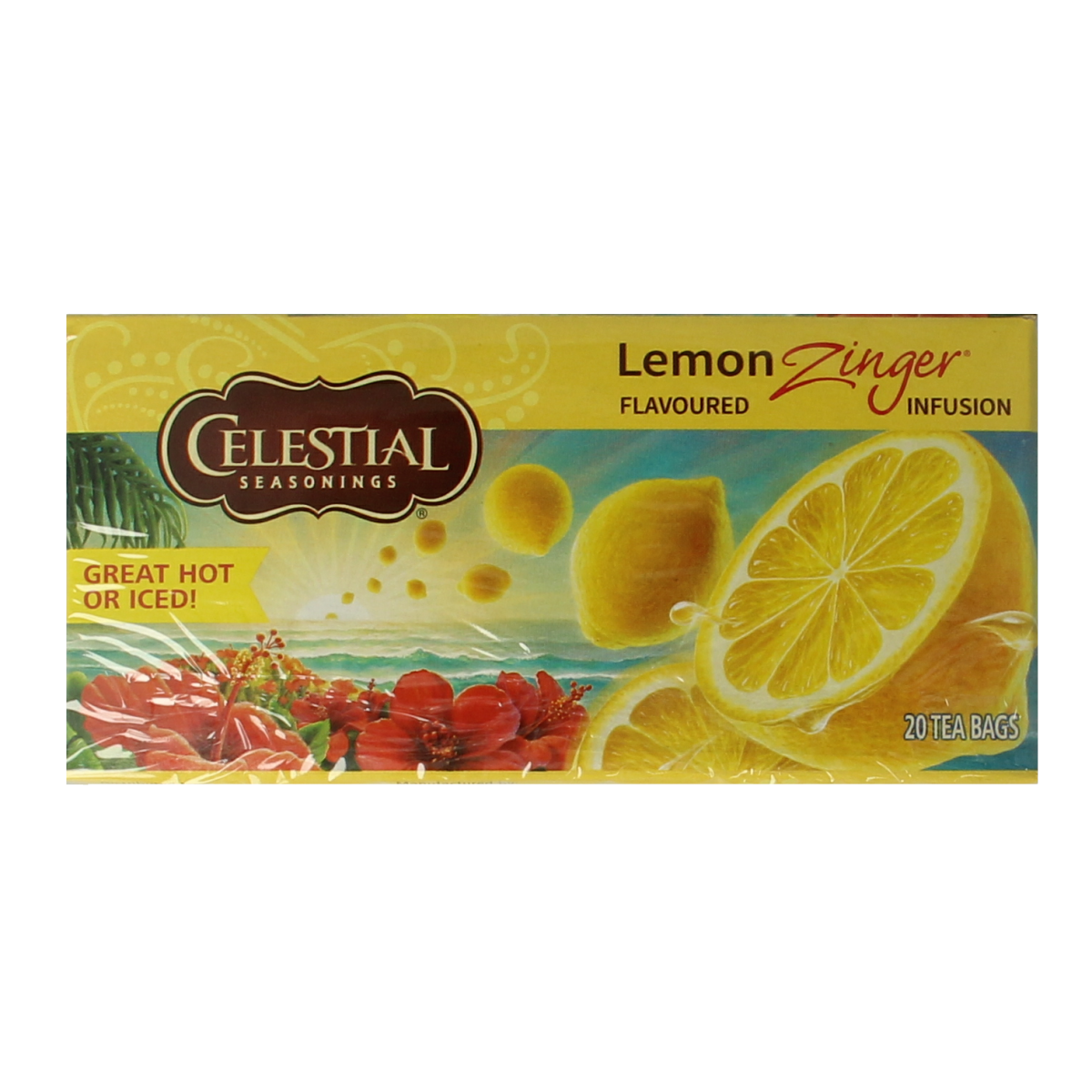 Celestial Season Lemon Zinger herbal tea bags, 20 count, featuring vibrant lemon and herbal blend in a colorful package.
