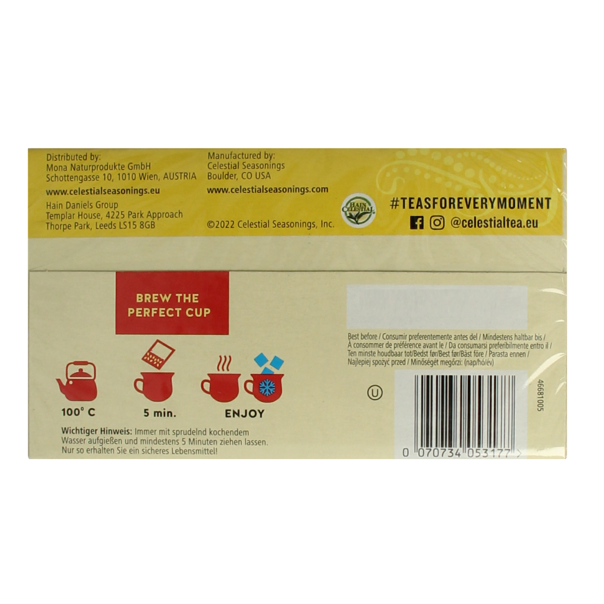 Celestial Season Lemon Zinger herbal tea bags, vibrant tea packaging with lemon slices and herbal ingredients, in a tea box.