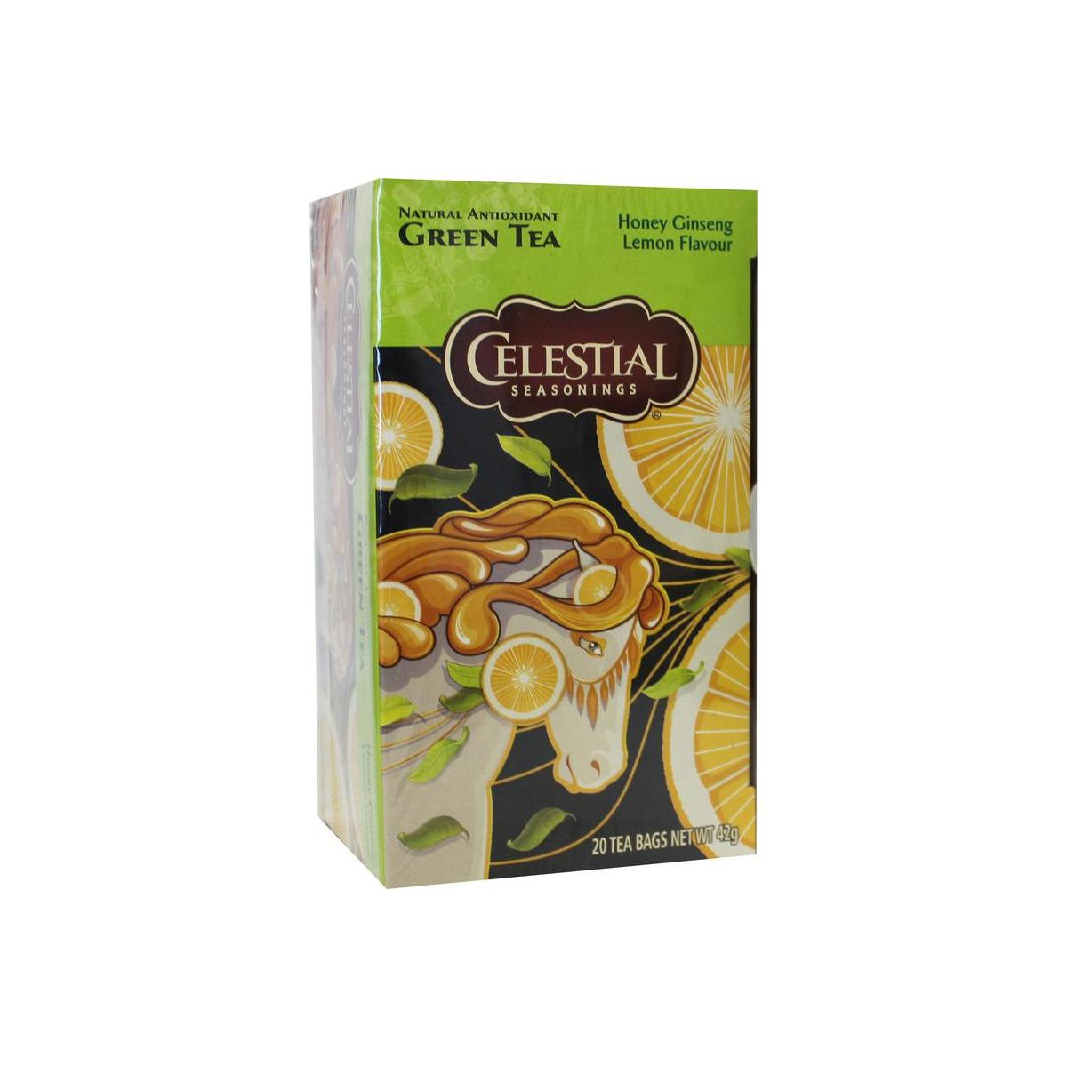 Celestial Season Honey Lemon Ginseng Green Tea packets, herbal tea with lemon and ginseng flavor in 20 tea bags.