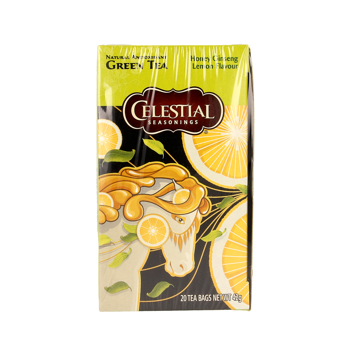 Celestial Season Honey Lemon Ginseng Green Tea tea bags, fresh and aromatic, in a box showing the tea packaging with honey lemon flavor.