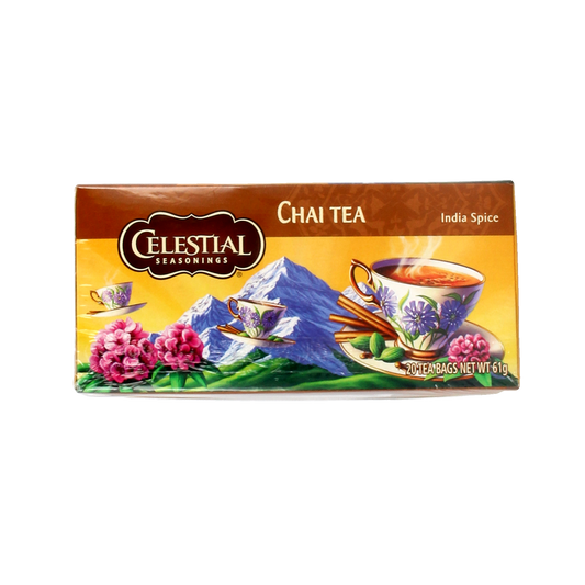 Celestial Seasonings Chai Tea Indian Spice boxes with 20 tea bags, featuring spiced chai tea blend and packaging.