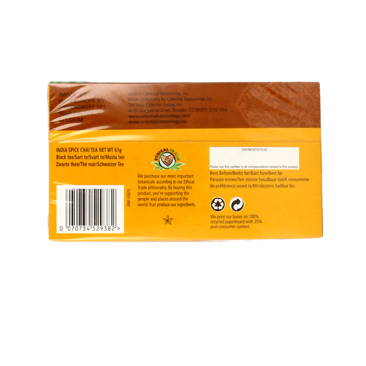 Celestial Seasonings Chai tea Indian spice flavor in a box of 20 tea bags, featuring warm spices and aromatic blend.