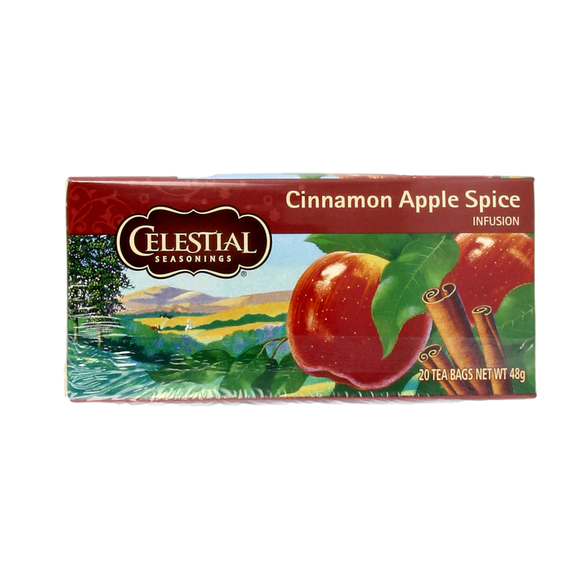 Celestial Seasonings cinnamon apple spice herbal tea bags in a box, showcasing tea packaging and branding.
