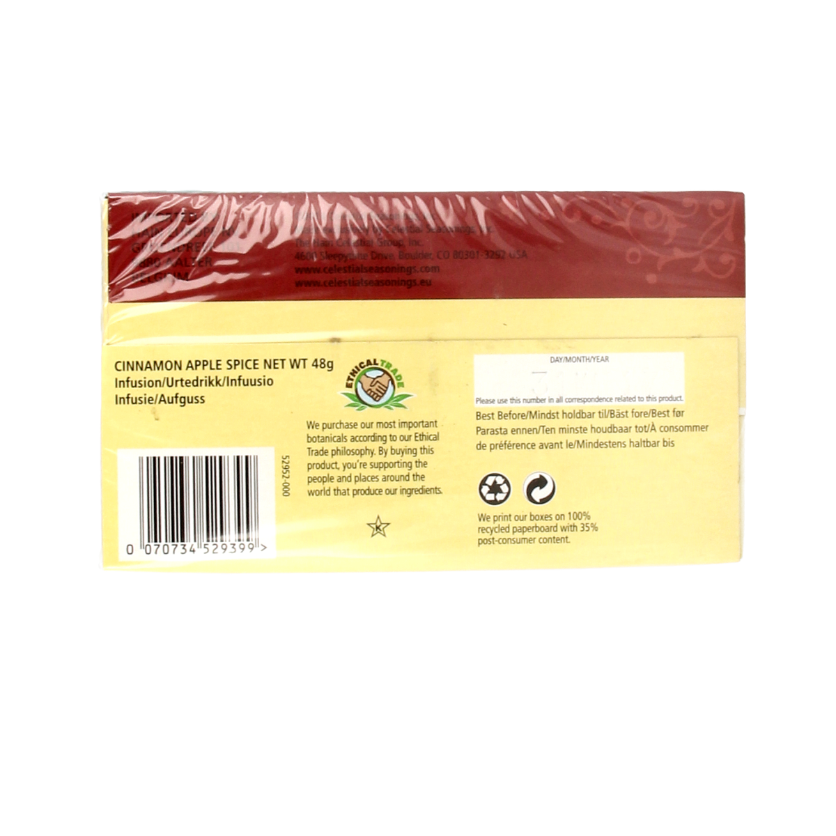 Celestial Season cinnamon apple spice herbal tea in a box, featuring 20 tea bags with a warm, spiced apple and cinnamon blend.