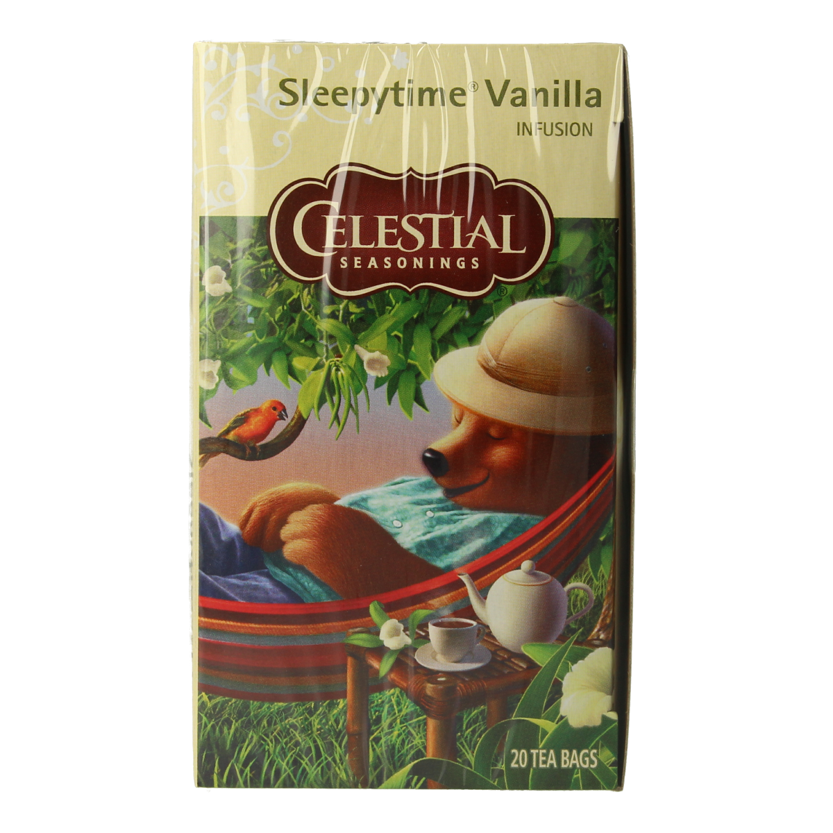 Celestial Season Sleepytime Vanille tea bags in a box, featuring a calming design with vanilla flavor for soothing bedtime tea.