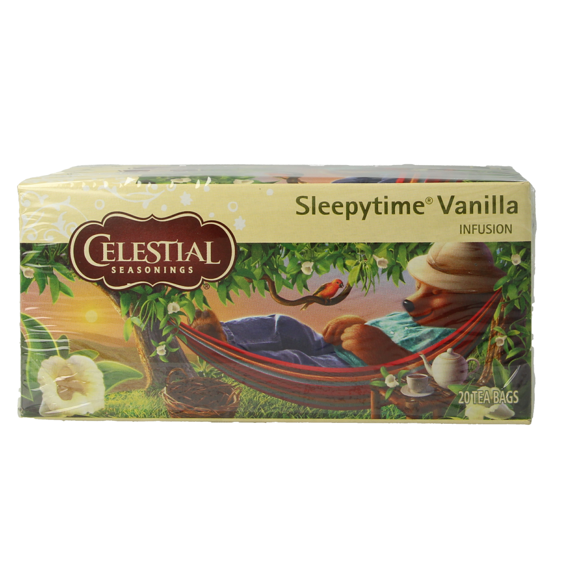Celestial Season Sleepytime Vanille tea bags, 20 count, with vanilla flavor, in a box showing tea sachets and calming packaging.