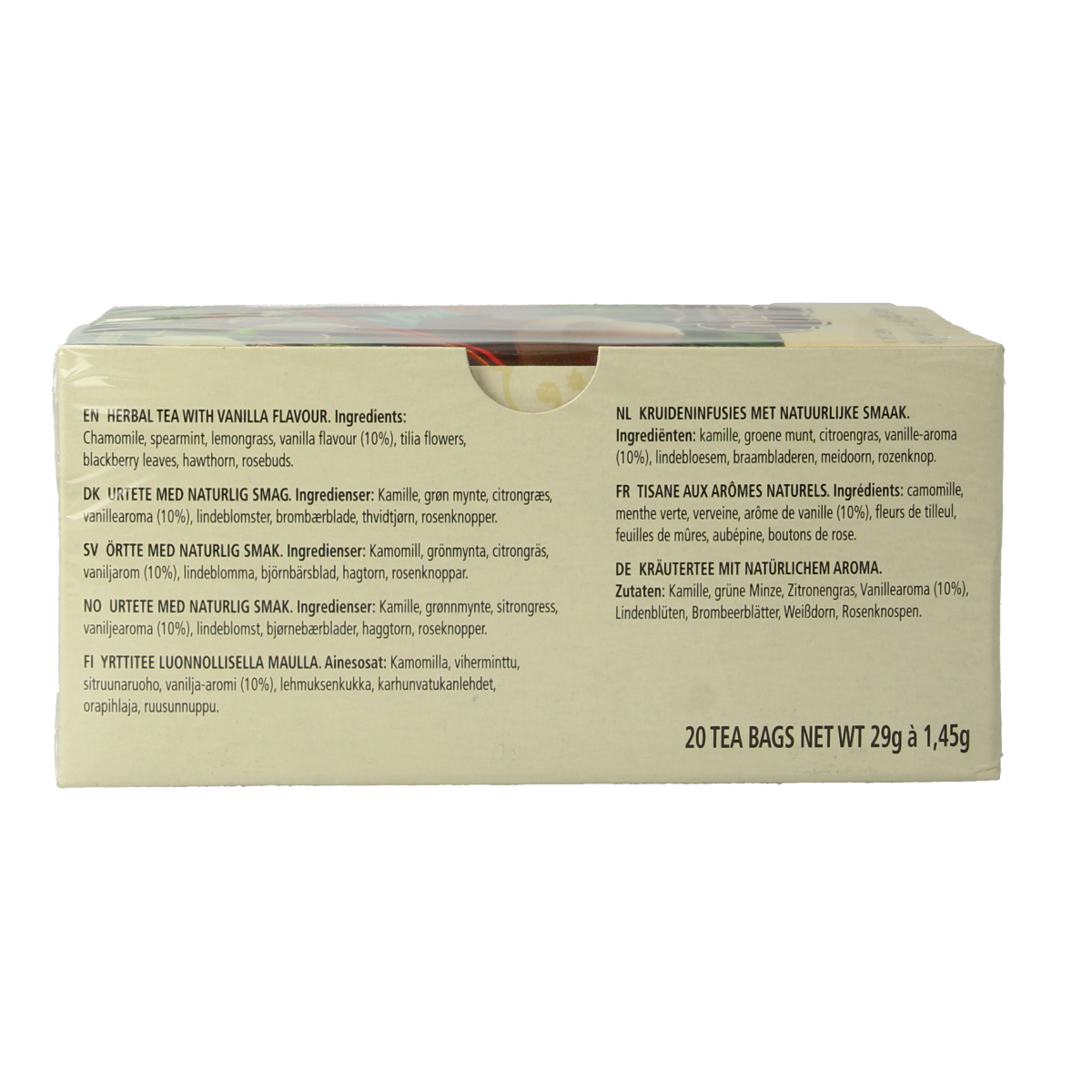 Celestial Season Sleepytime Vanille tea bags, 20 count, packaged in a box with vanilla-flavored tea infusions.
