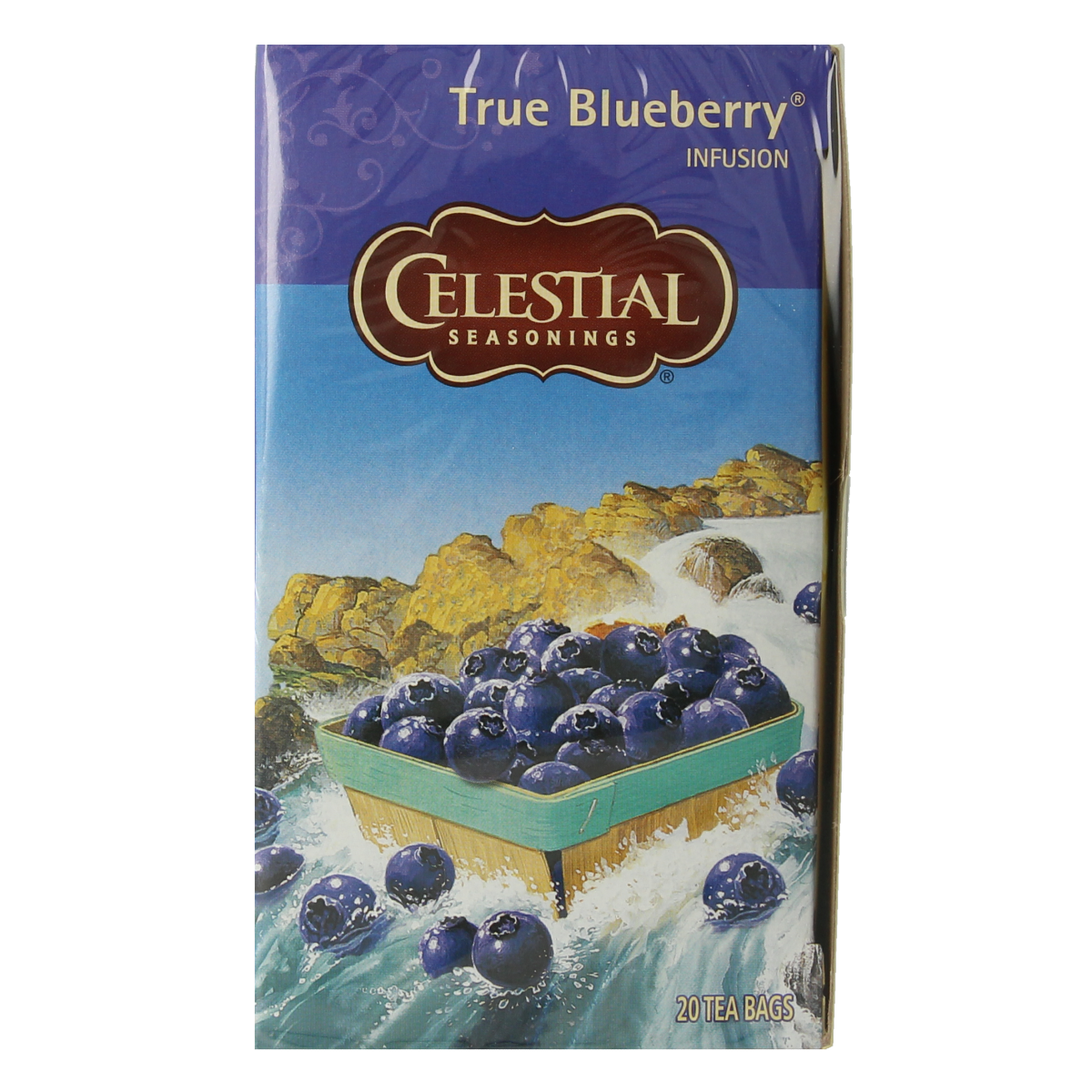 Celestial Seasonings blueberry herbal tea in a box with 20 tea bags, featuring fresh blueberry and herbal ingredients.