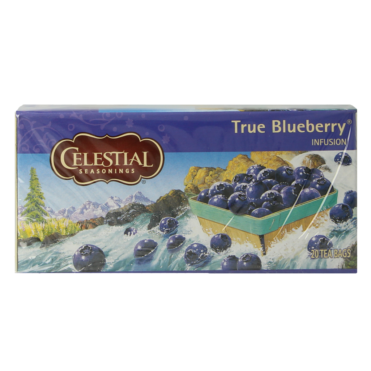 Celestial Seasonings blueberry herbal tea bags, 20-count box, showcasing the packaging with fresh blueberries and tea leaves.