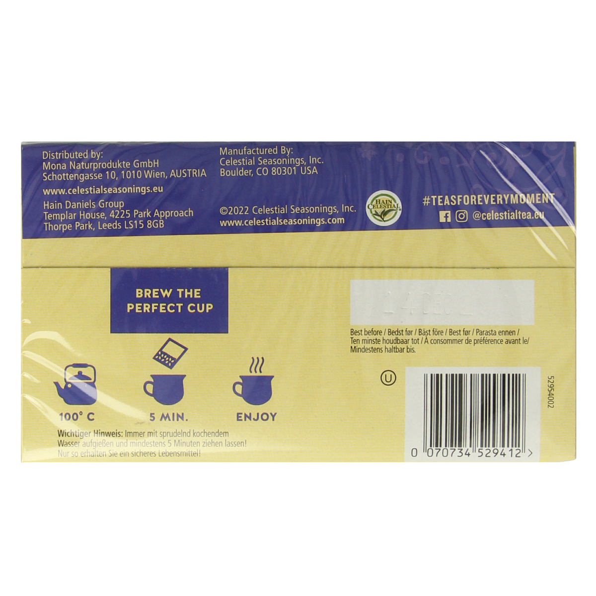 Celestial Seasonings blueberry herbal tea bags, 20-count, featuring vibrant tea packaging with blueberries and herbal ingredients.