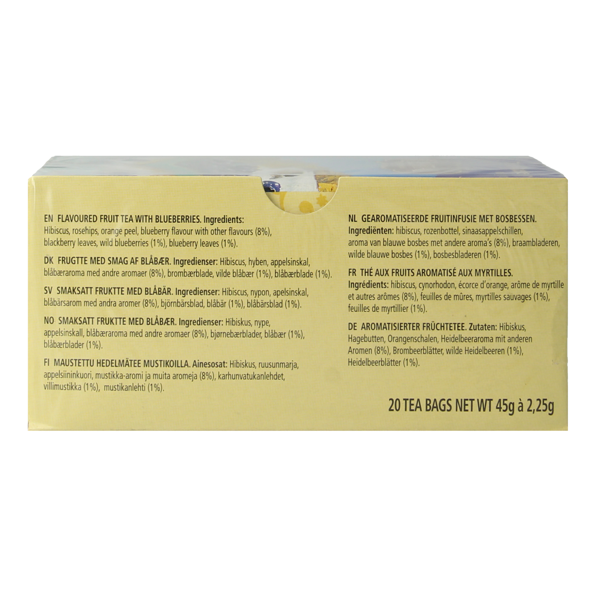 Celestial Seasonings blueberry herbal tea bags, 20-count, in a colorful box with tea bags and branding visible.