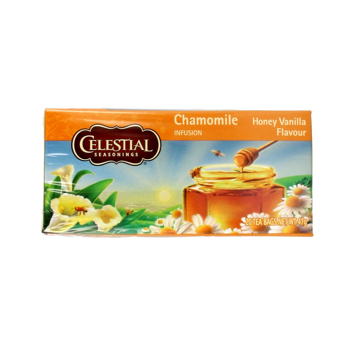 Celestial Seasonings Honey Vanilla Chamomile tea bags box, featuring floral and honey illustrations, for soothing herbal tea.