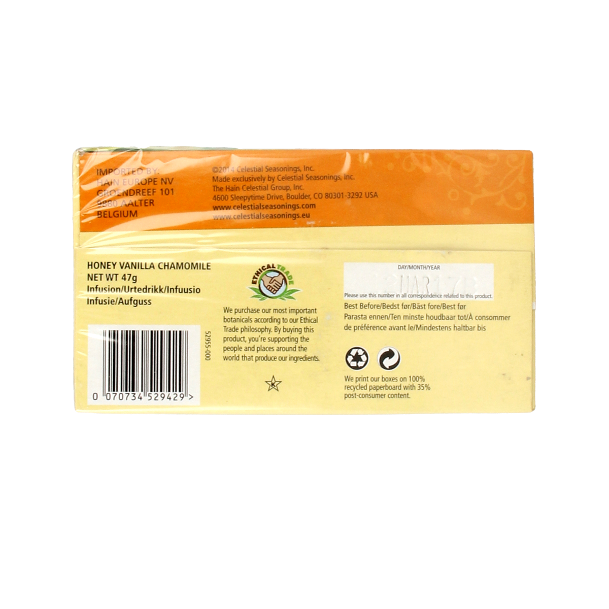 Box of Celestial Season Honey Vanilla Chamomile tea bags with 20 servings, featuring a calming floral and honey flavor.